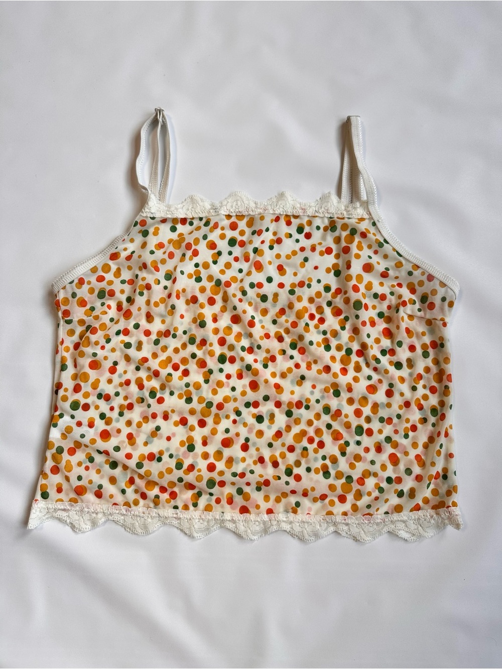Polka Dot Lace Trim Cami Tank Top - Cream with Multi Dots